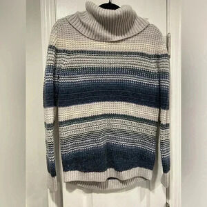 L.L. Bean Merino Wool Blend Blue Striped Cowl Neck Waffle Knit Pullover Size XS
